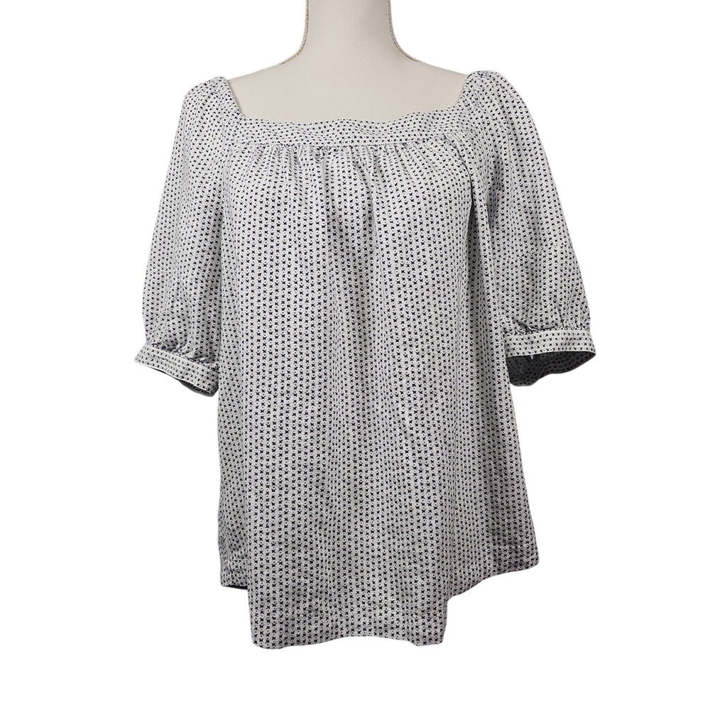 LOFT Peasant Style Blouse Cream Black Starburst Print Linen Blend Women's Large